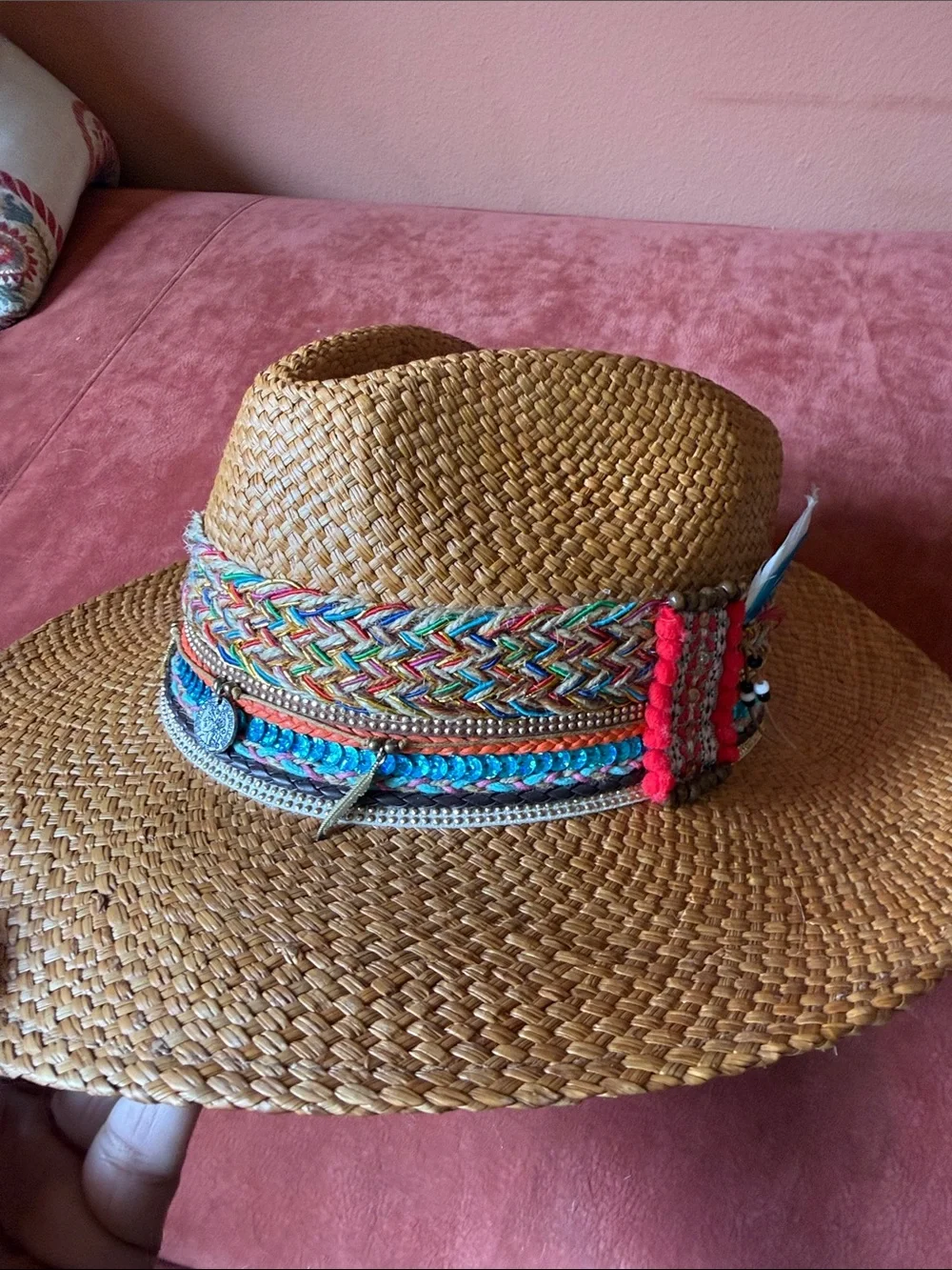 Women’s Straw Fedora Hat with Colorful Braided Band - Tan - Picture 2 of 7